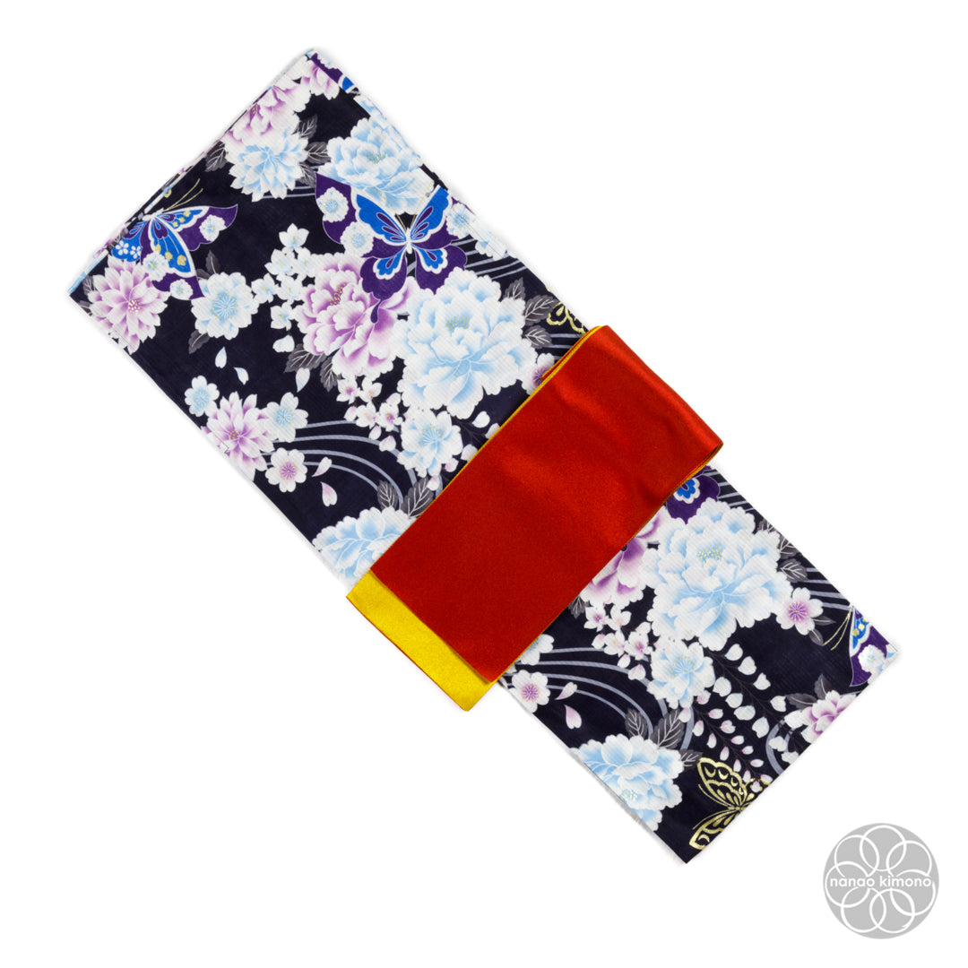 Women's Yukata Wide - Blue Peonies with Butterflies on Black