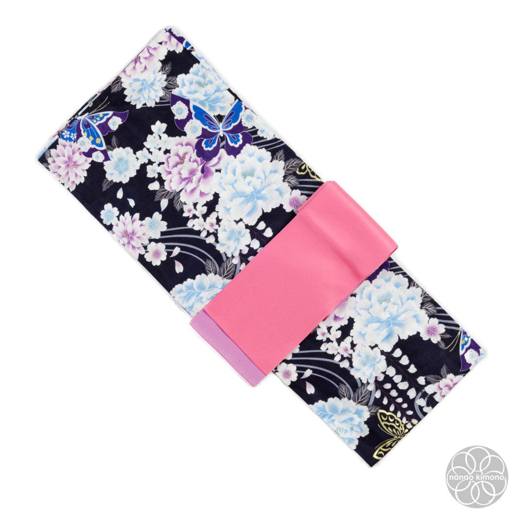 Women's Yukata Wide - Blue Peonies with Butterflies on Black