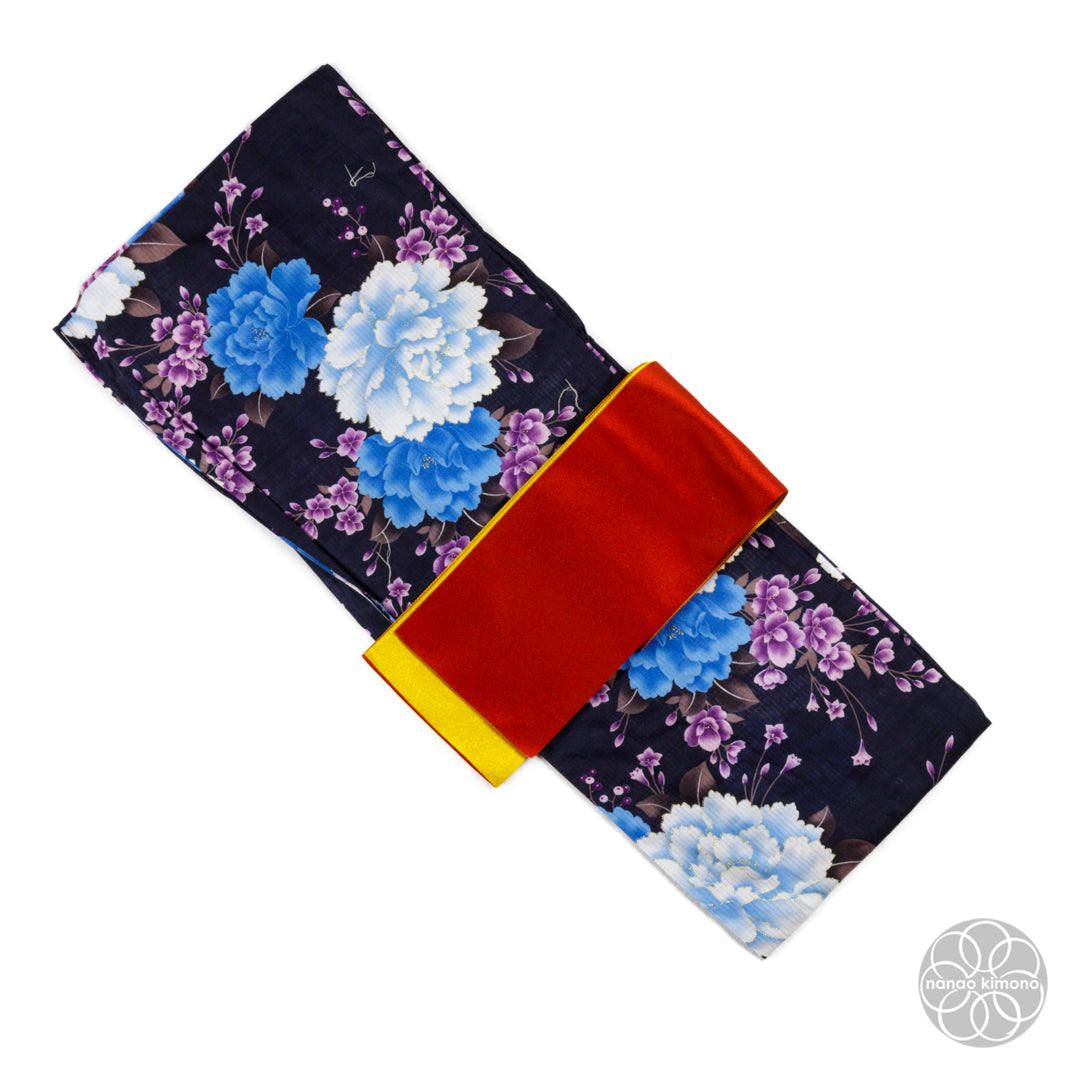 Women's Yukata Wide - Blue Peonies on Black