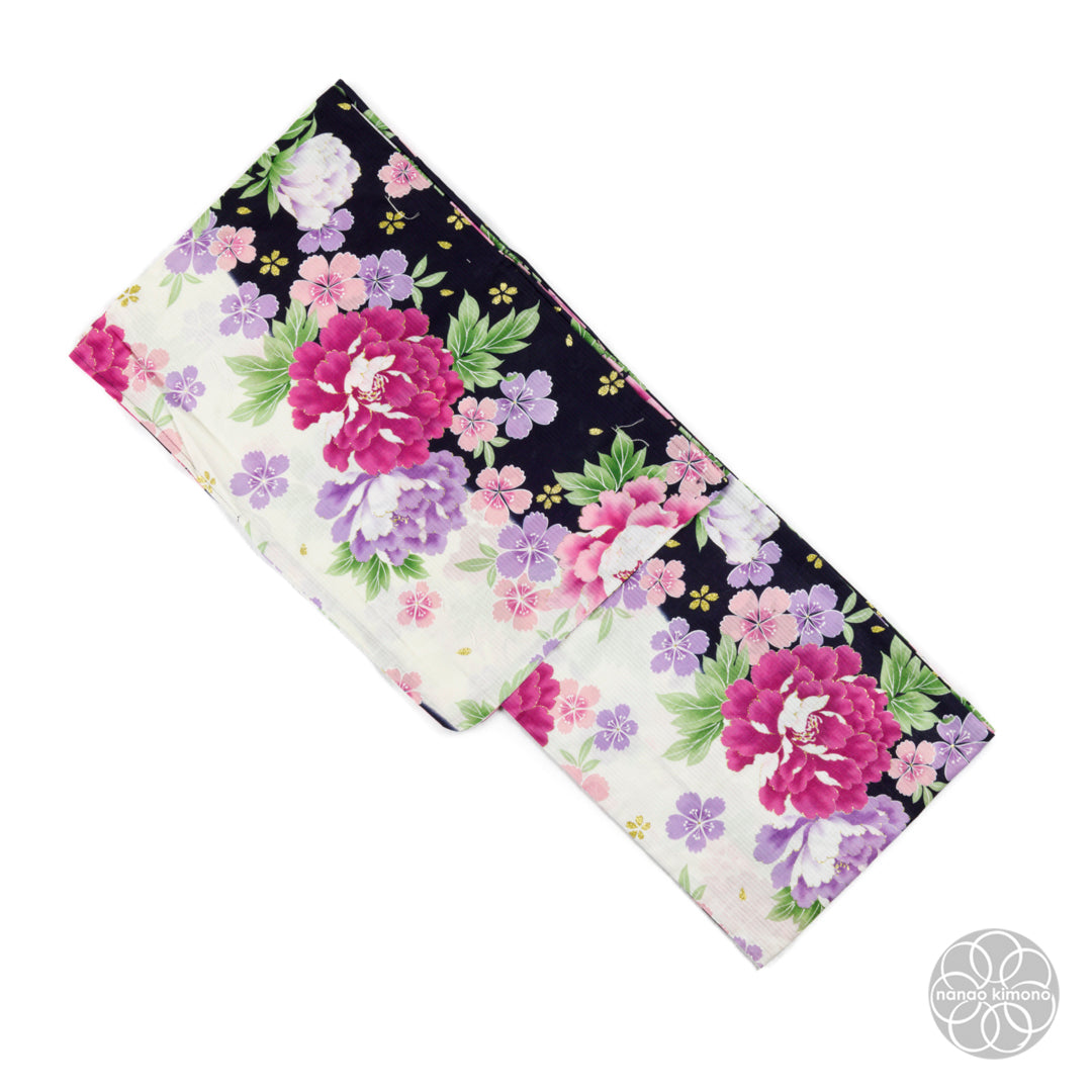 Women's Yukata Wide - Pink Peonies on Black & White