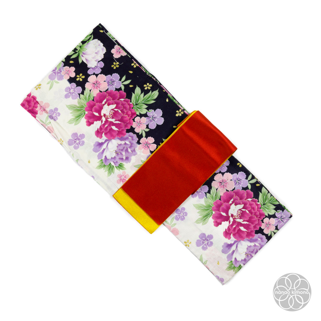 Women's Yukata Wide - Pink Peonies on Black & White