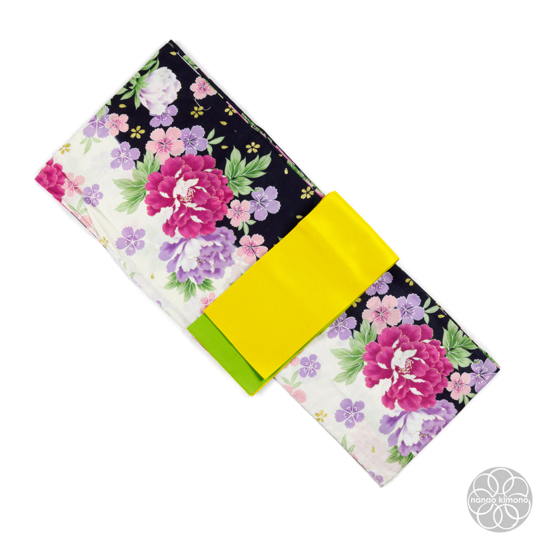 Women's Yukata Wide - Pink Peonies on Black & White