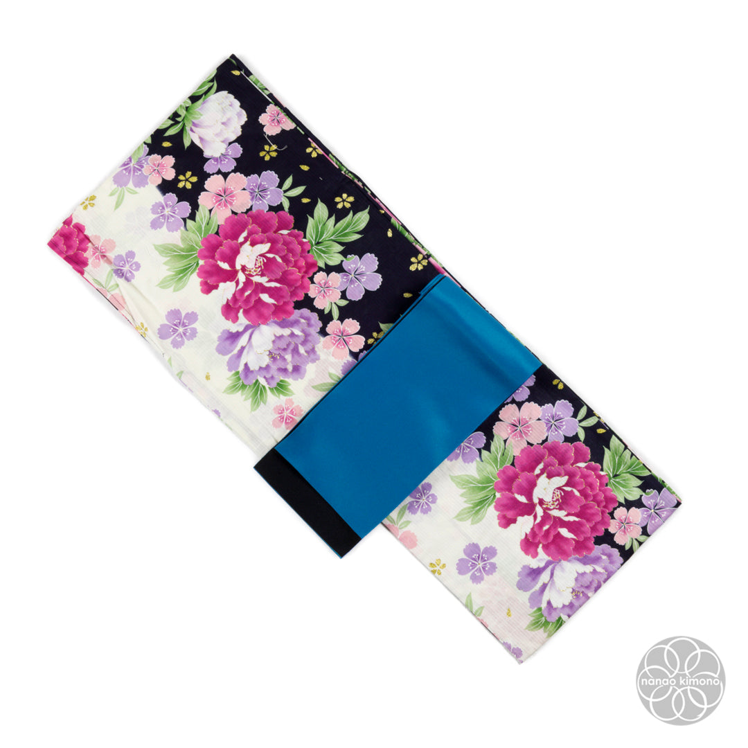 Women's Yukata Wide - Pink Peonies on Black & White