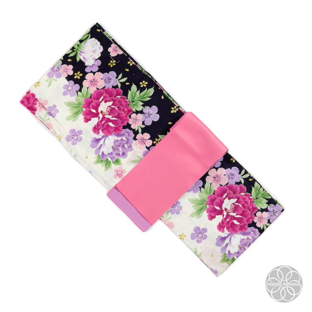 Women's Yukata Wide - Pink Peonies on Black & White