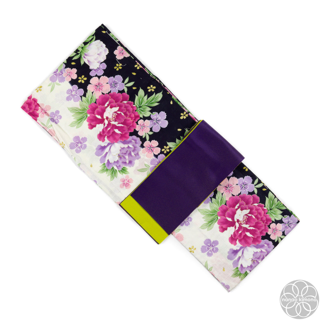 Women's Yukata Wide - Pink Peonies on Black & White