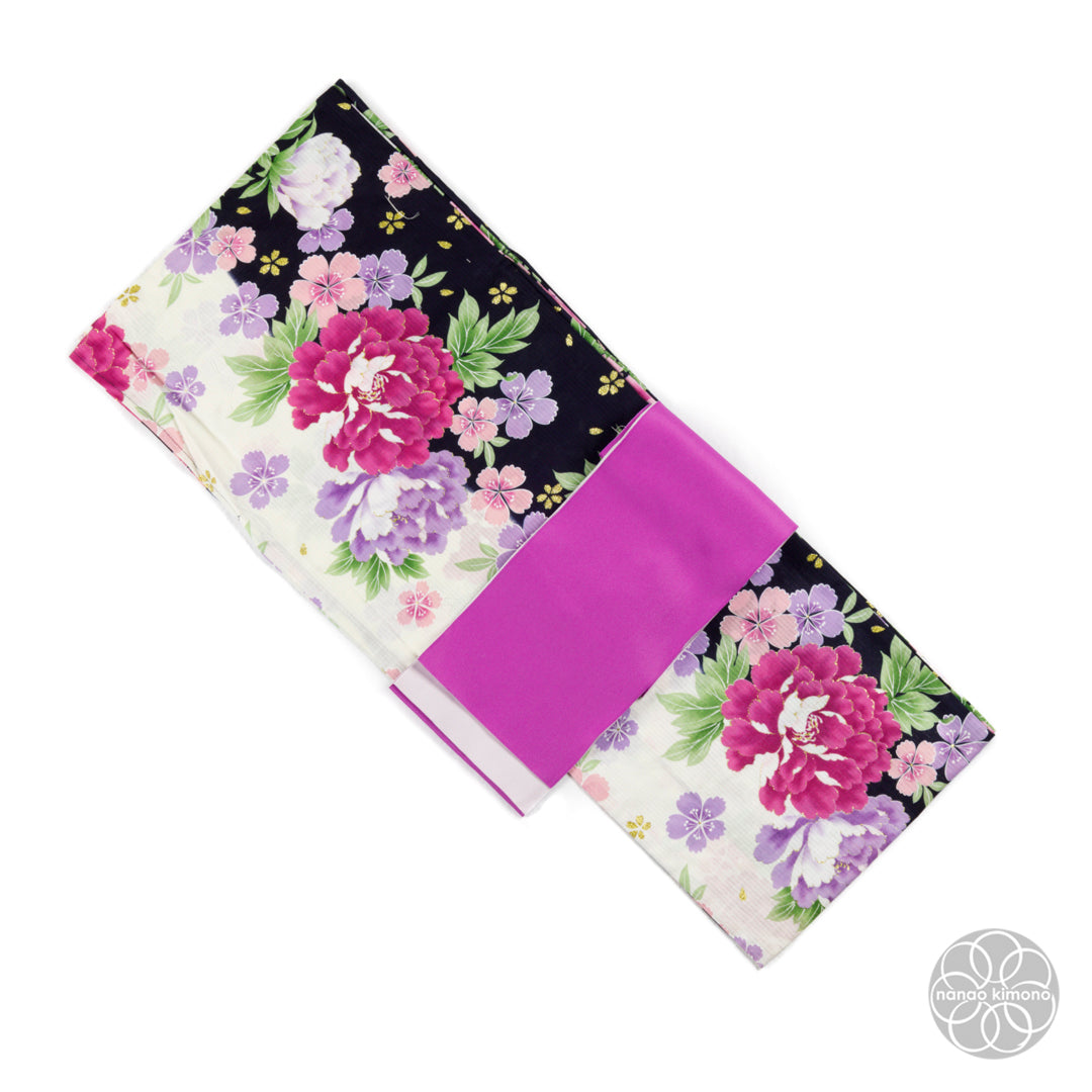Women's Yukata Wide - Pink Peonies on Black & White