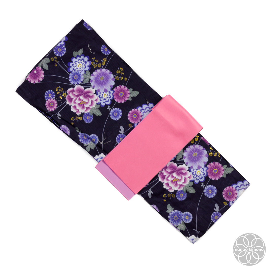 Women's Yukata Wide - Purple Flowers on Black