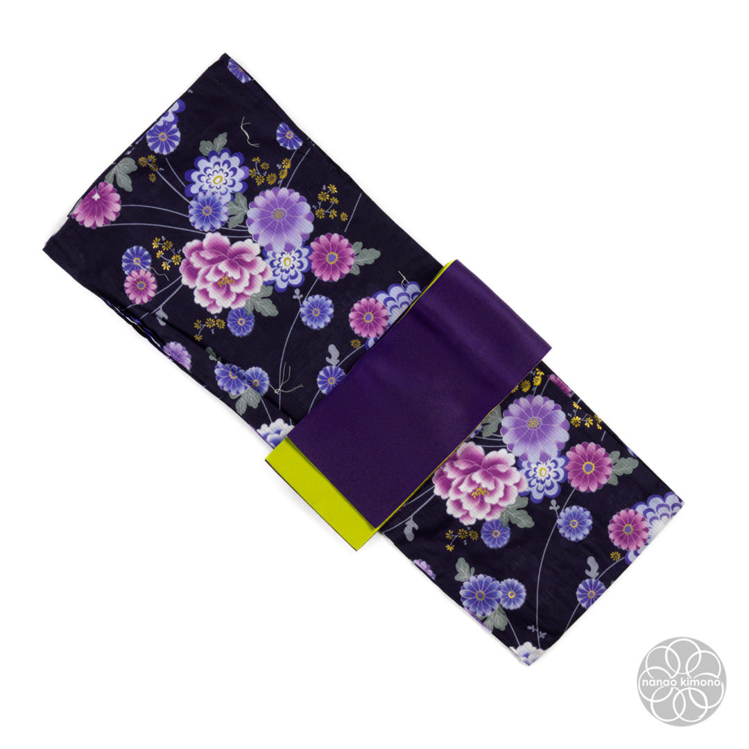 Women's Yukata Wide - Purple Flowers on Black