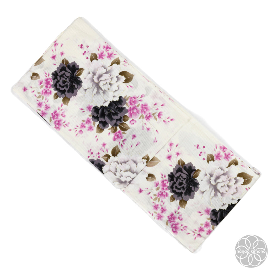 Women's Yukata Wide - Black&White Peonies on White