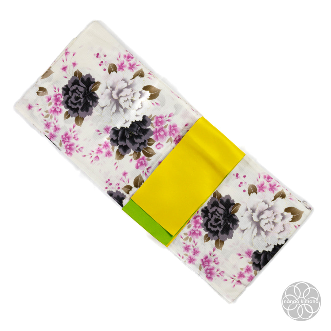 Women's Yukata Wide - Black&White Peonies on White