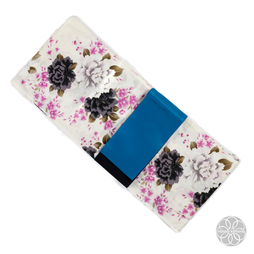 Women's Yukata Wide - Black&White Peonies on White