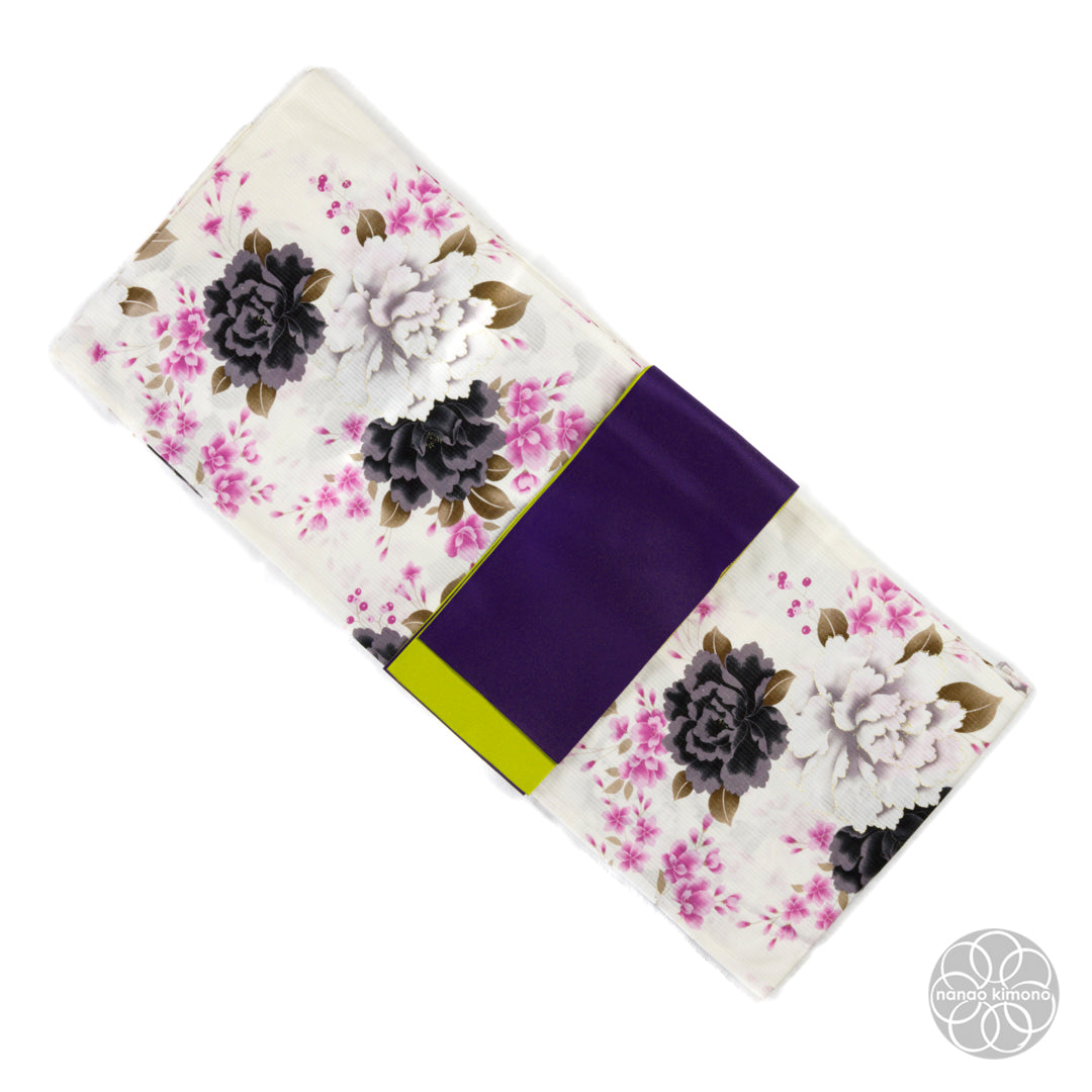Women's Yukata Wide - Black&White Peonies on White