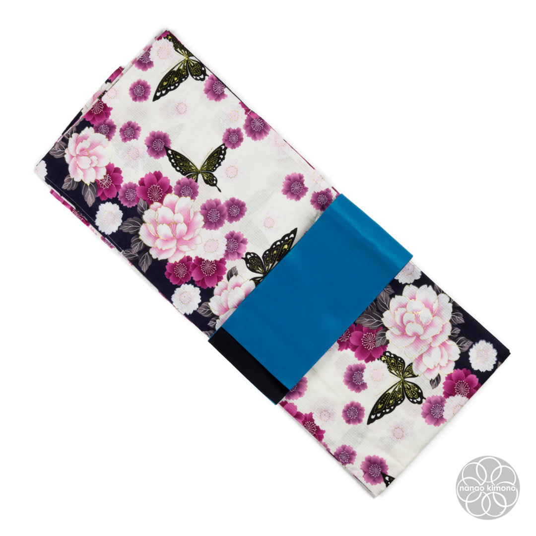 Women's Yukata Wide - Peonies with Black Butterflies
