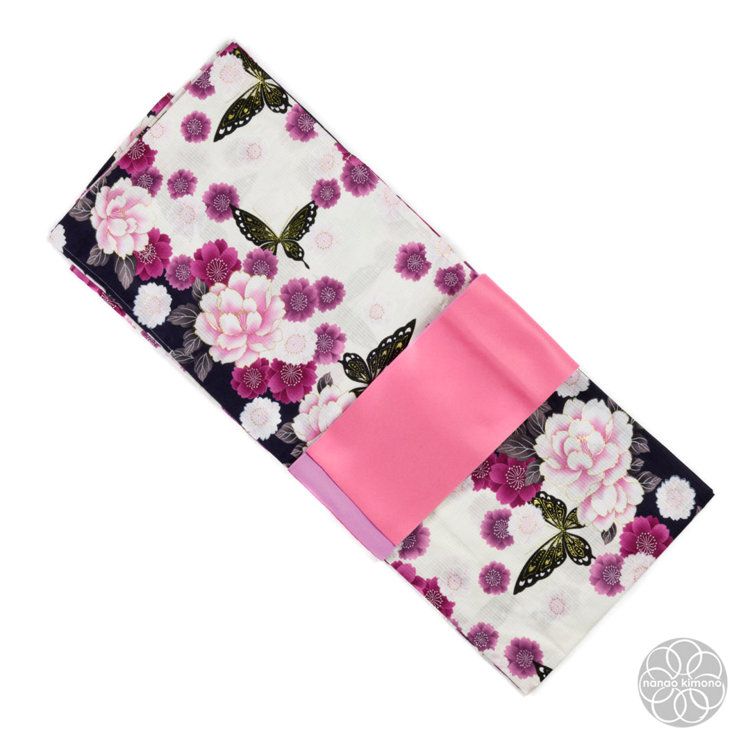 Women's Yukata Wide - Peonies with Black Butterflies