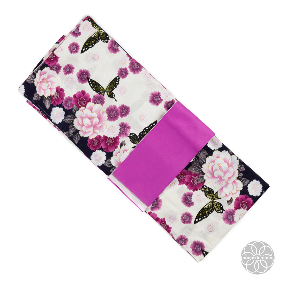 Women's Yukata Wide - Peonies with Black Butterflies