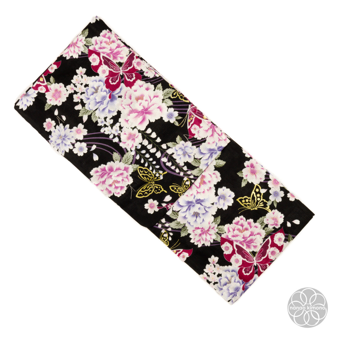 Women's Yukata Wide - Pink Peonies with Butterflies on Black