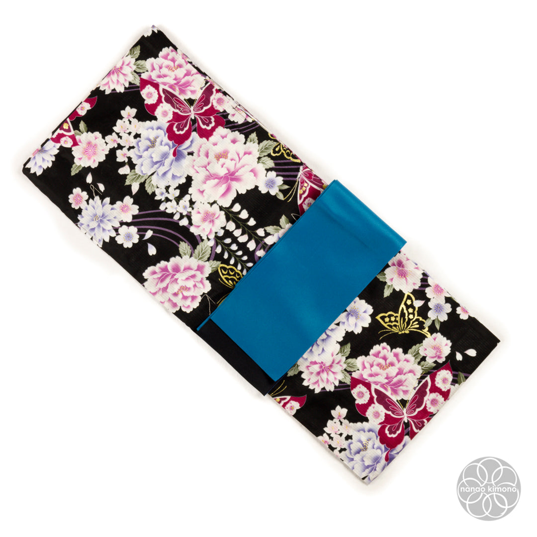 Women's Yukata Wide - Pink Peonies with Butterflies on Black