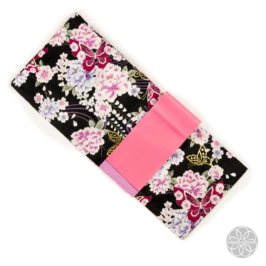 Women's Yukata Wide - Pink Peonies with Butterflies on Black