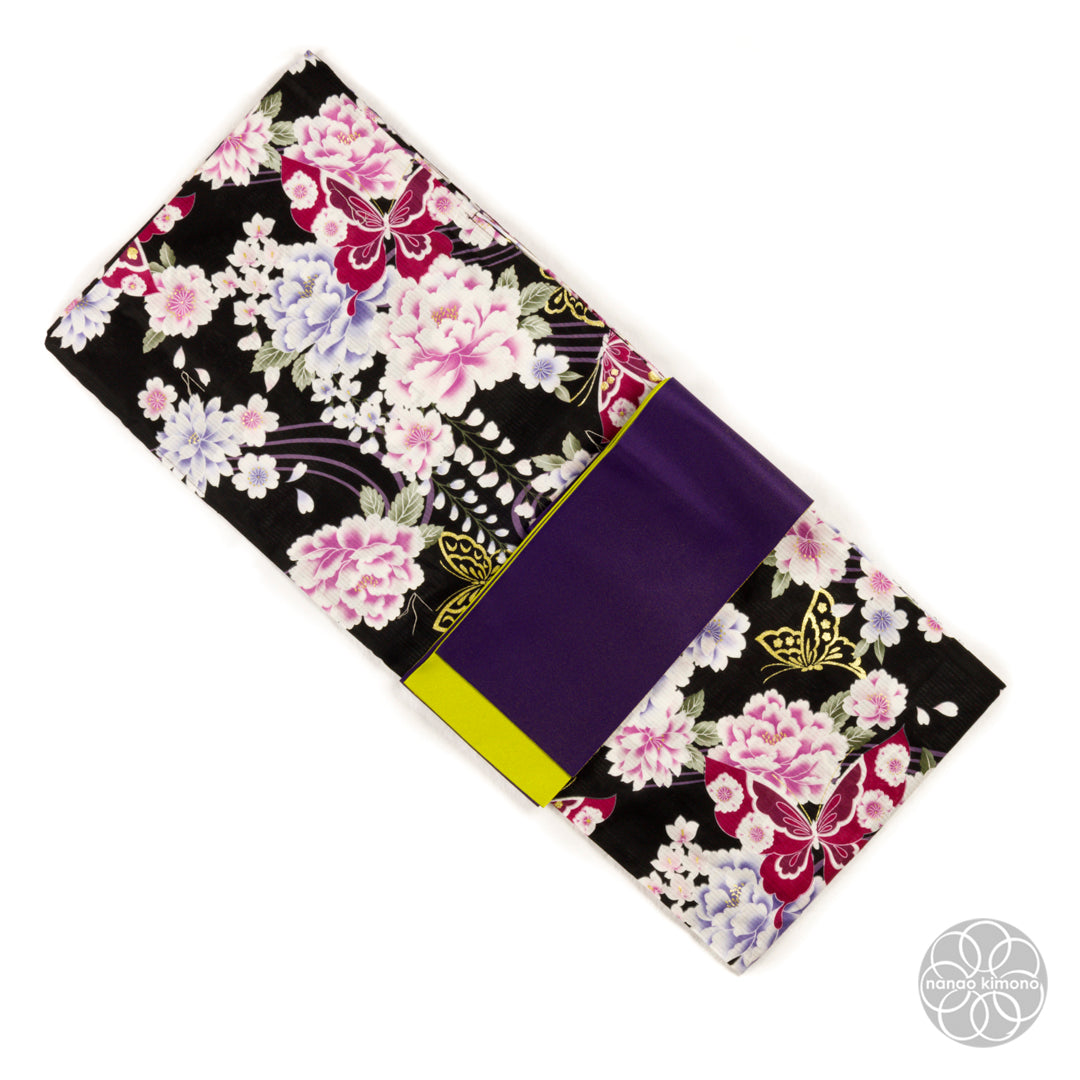 Women's Yukata Wide - Pink Peonies with Butterflies on Black