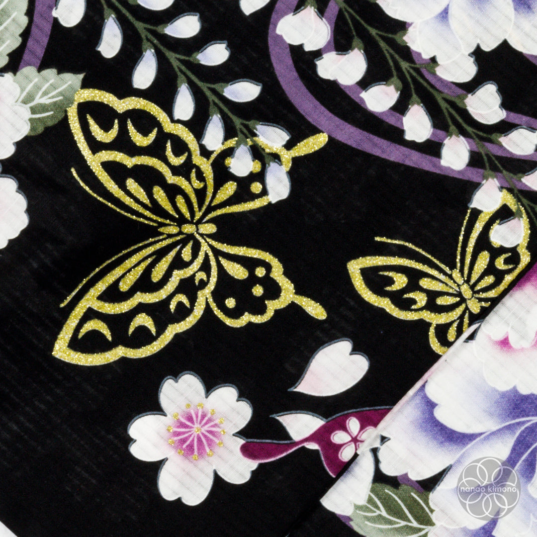 Women's Yukata Wide - Pink Peonies with Butterflies on Black