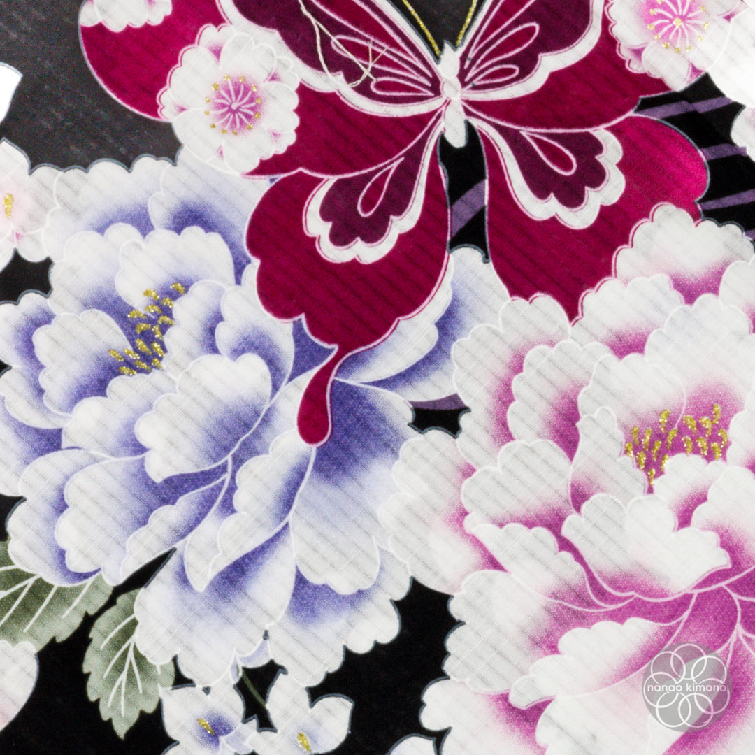 Women's Yukata Wide - Pink Peonies with Butterflies on Black