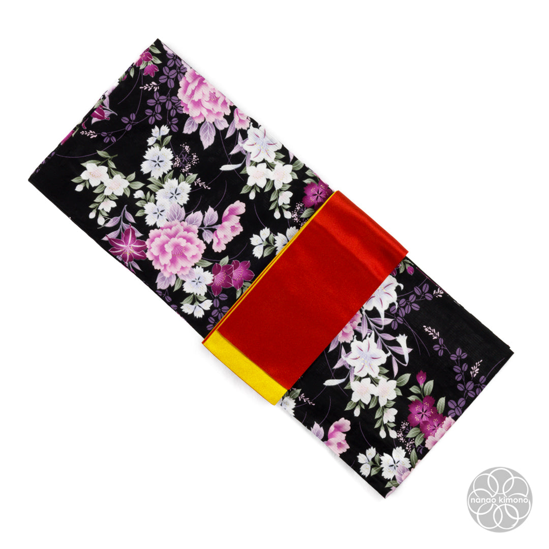 Women's Yukata Wide - Pink Flowers on Black