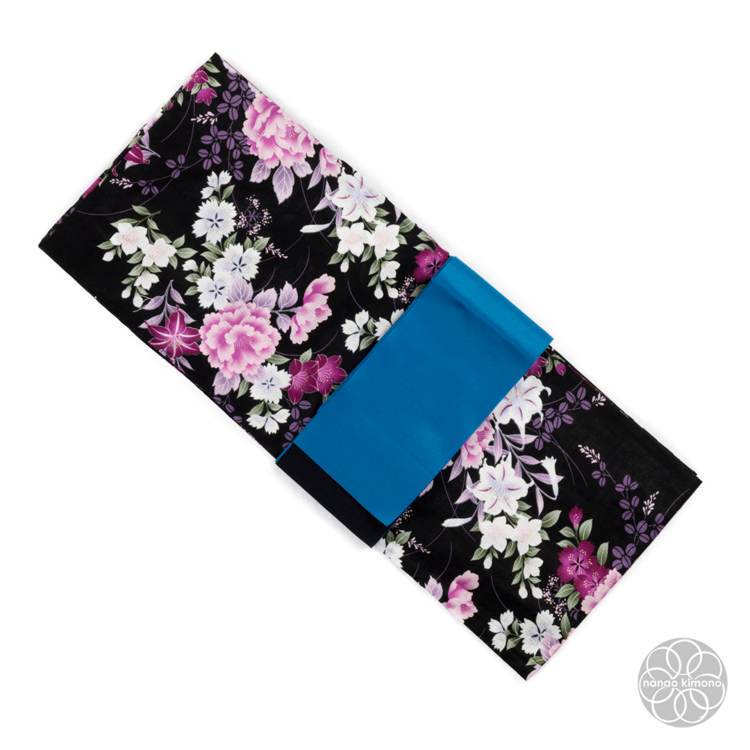 Women's Yukata Wide - Pink Flowers on Black