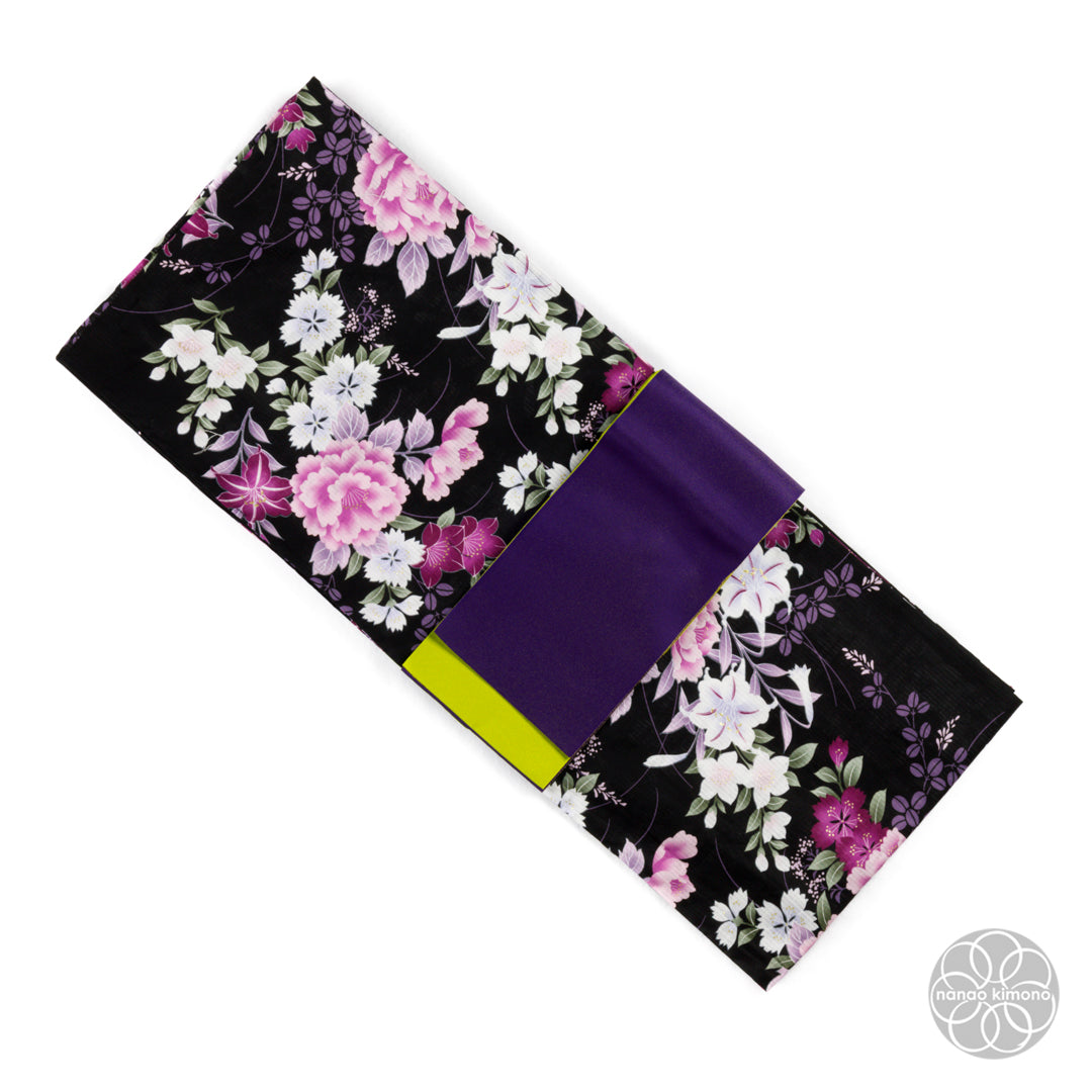 Women's Yukata Wide - Pink Flowers on Black