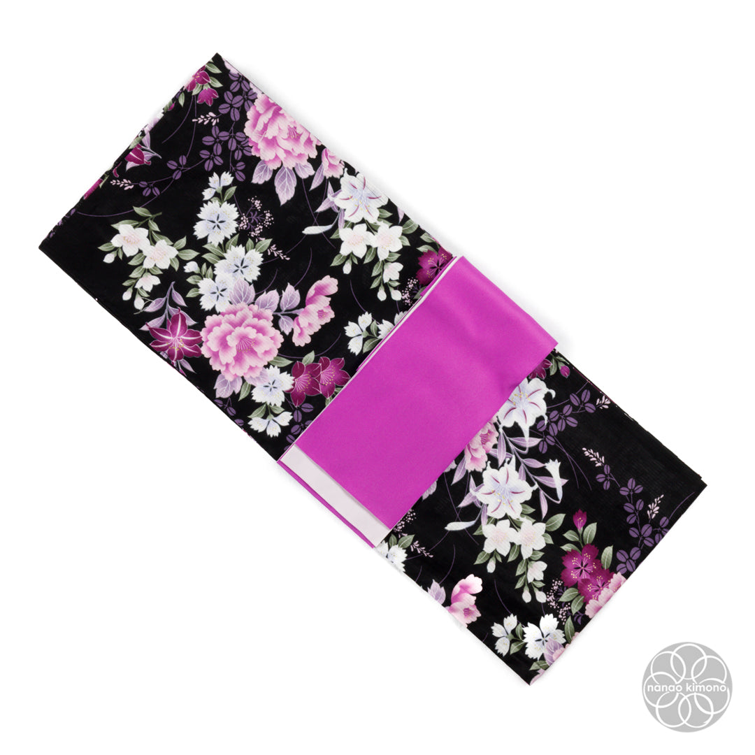 Women's Yukata Wide - Pink Flowers on Black