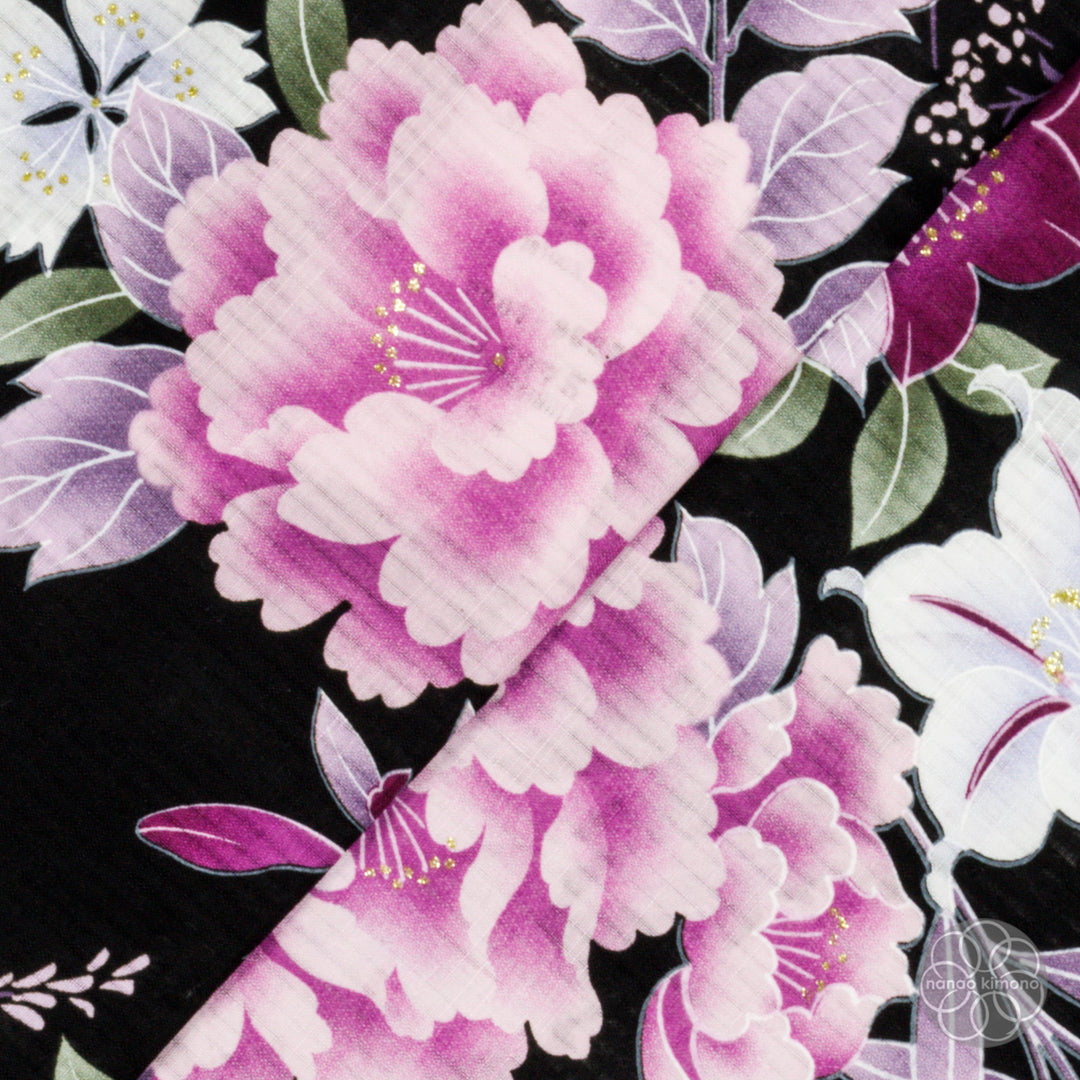 Women's Yukata Wide - Pink Flowers on Black