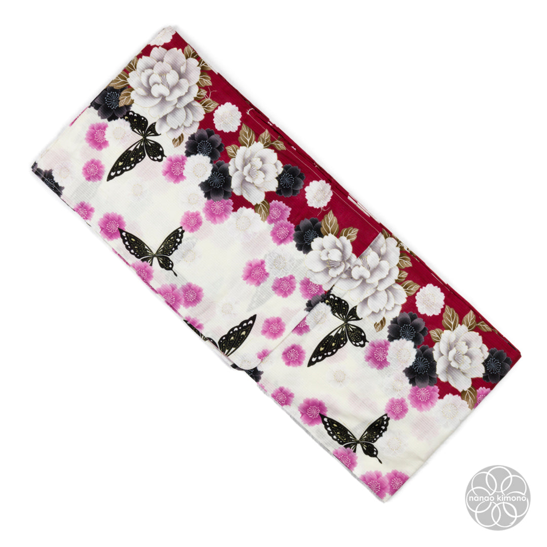 Women's Yukata Wide - Peonies with butterflies on Red & White