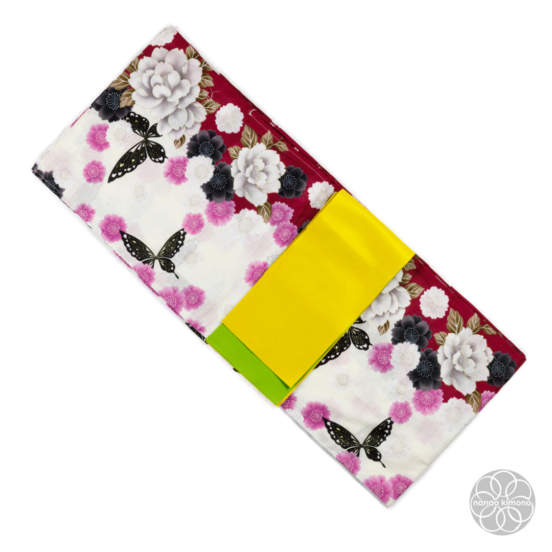 Women's Yukata Wide - Peonies with butterflies on Red & White