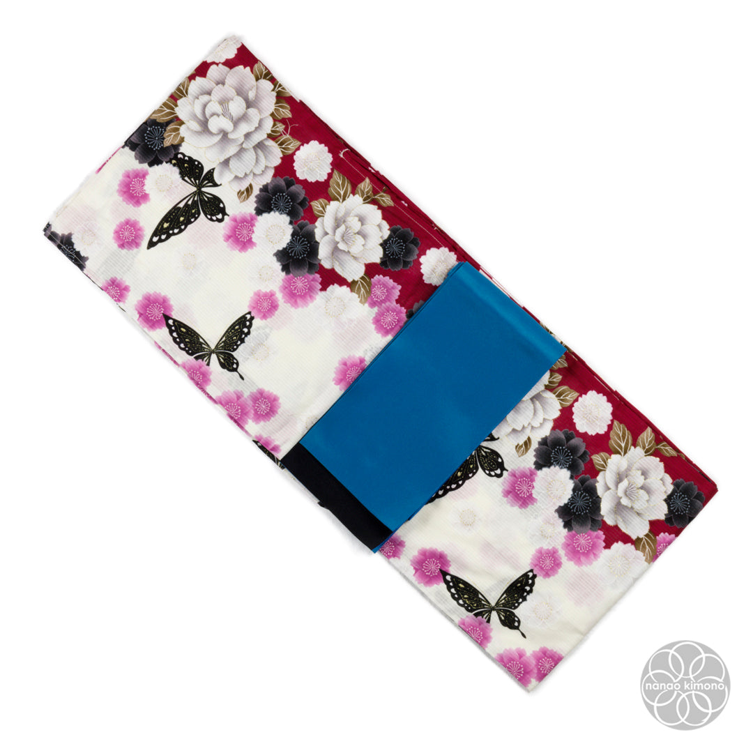 Women's Yukata Wide - Peonies with butterflies on Red & White