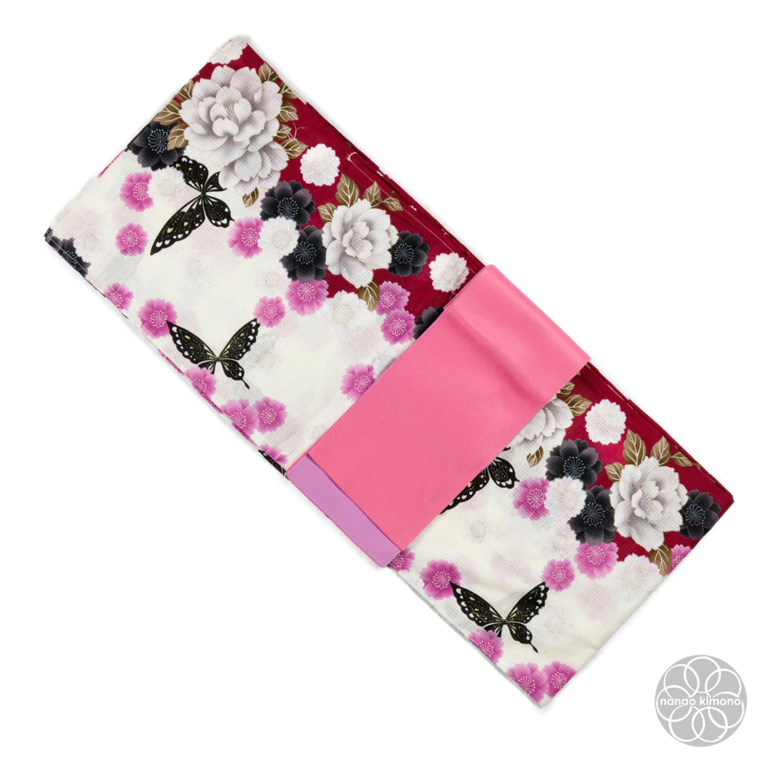 Women's Yukata Wide - Peonies with butterflies on Red & White