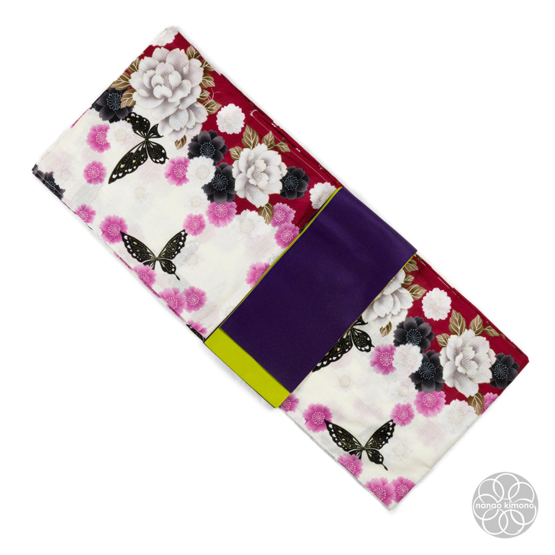 Women's Yukata Wide - Peonies with butterflies on Red & White