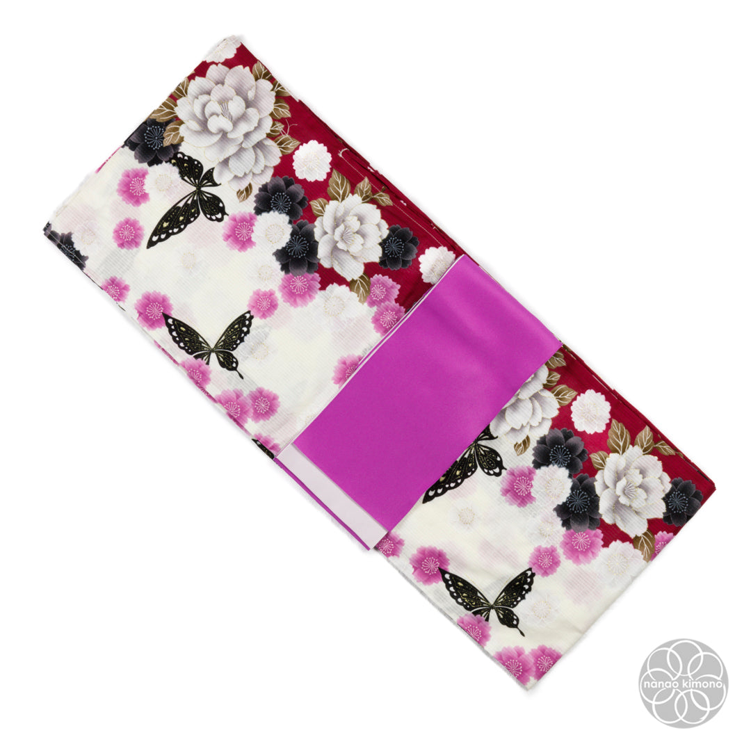 Women's Yukata Wide - Peonies with butterflies on Red & White