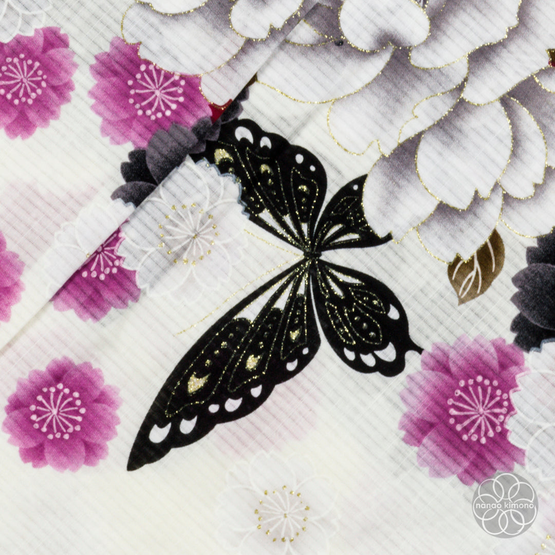 Women's Yukata Wide - Peonies with butterflies on Red & White