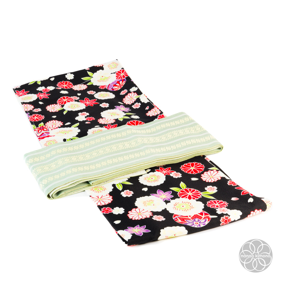 Women's Kimono Obi - Pattern on Green