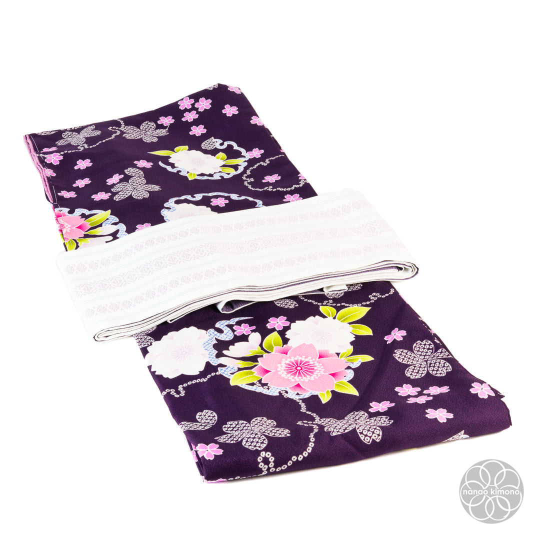 Women's Kimono Obi - Purple Pattern on White