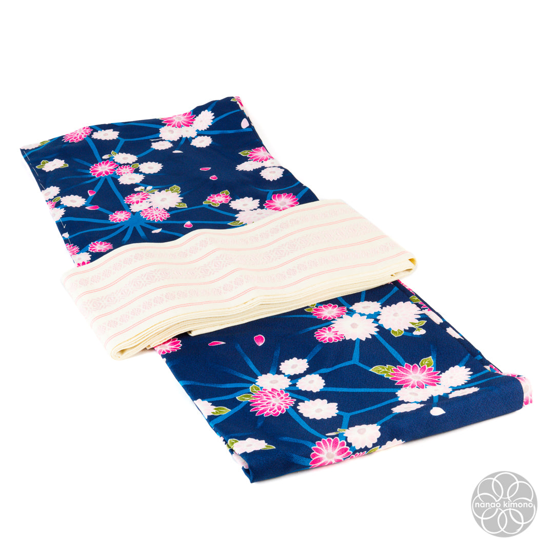 Women's Kimono Obi - Pink Pattern on Yellow