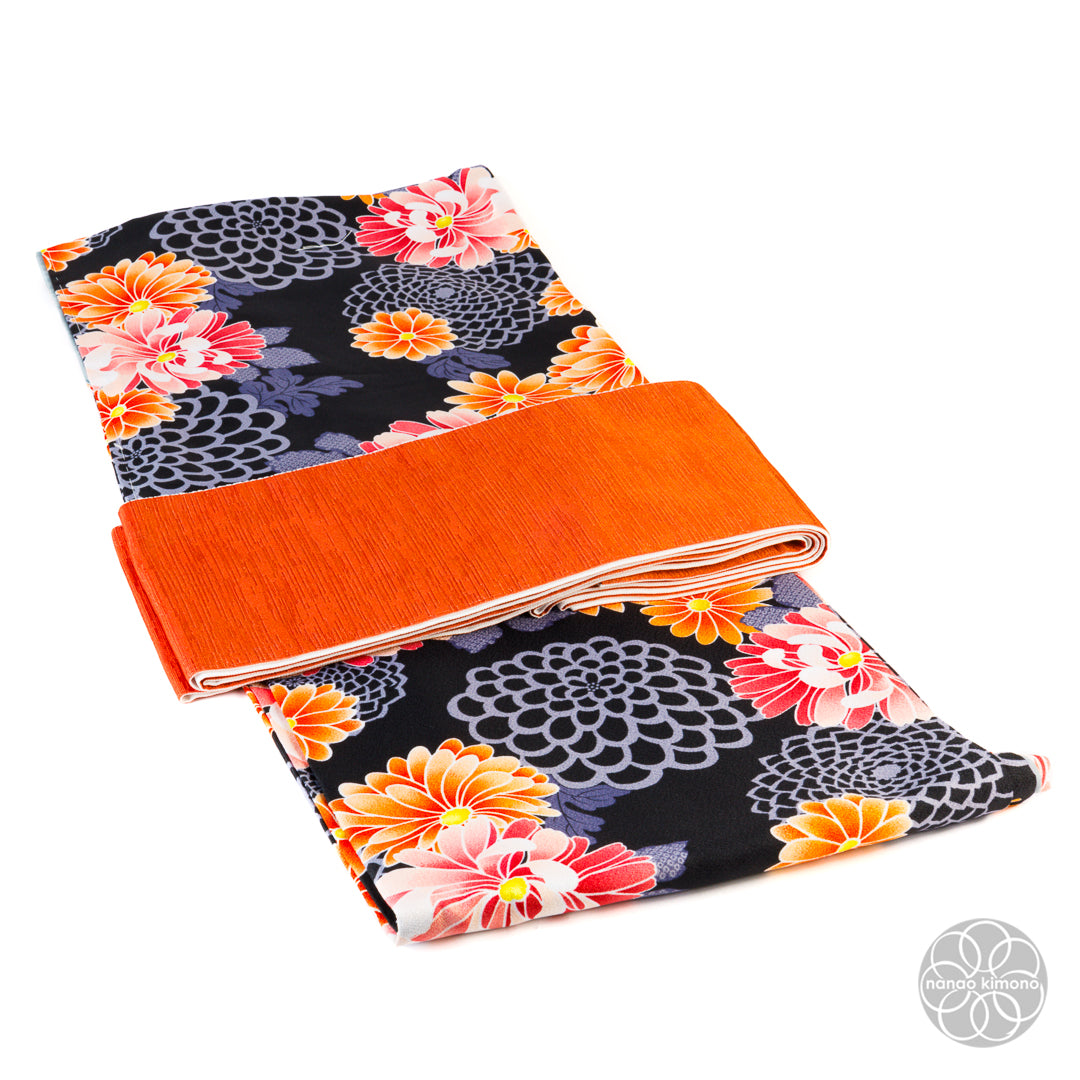 Women's Washable Kimono - Orange Flowers Black