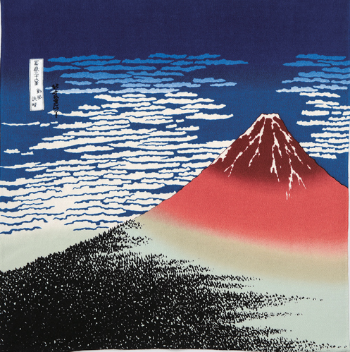 Furoshiki 27"- Chirimen Ukiyoe Red Fuji Hokusai Katsushika Navy