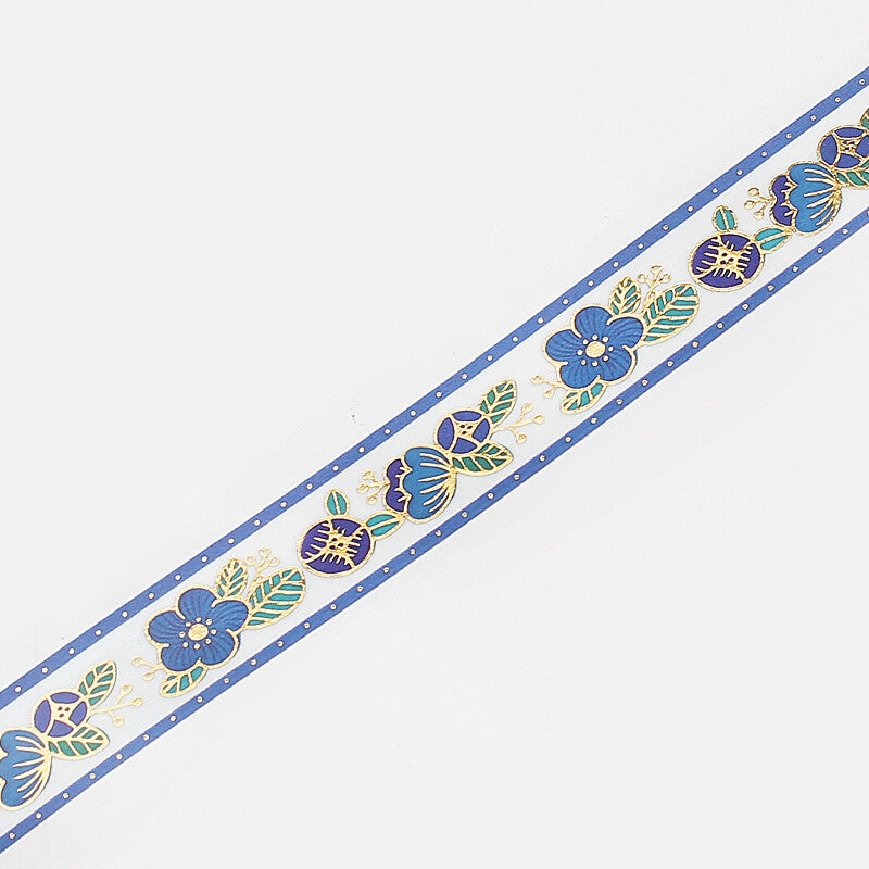 Washi Tape 15mm - Foil Stamping Retro Flower Blue
