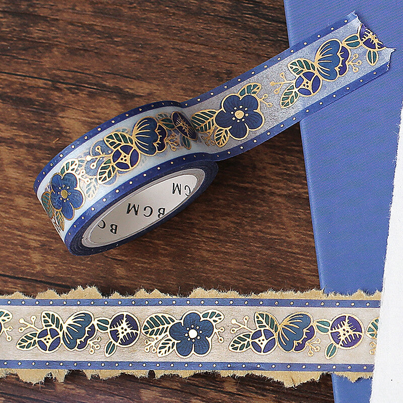 Washi Tape 15mm - Foil Stamping Retro Flower Blue
