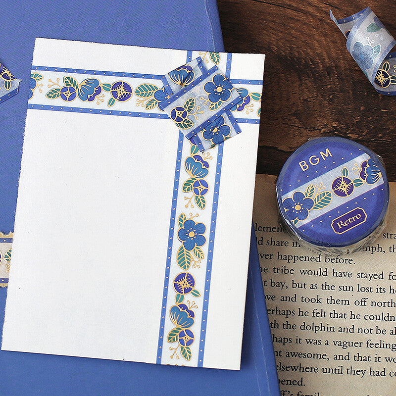 Washi Tape 15mm - Foil Stamping Retro Flower Blue