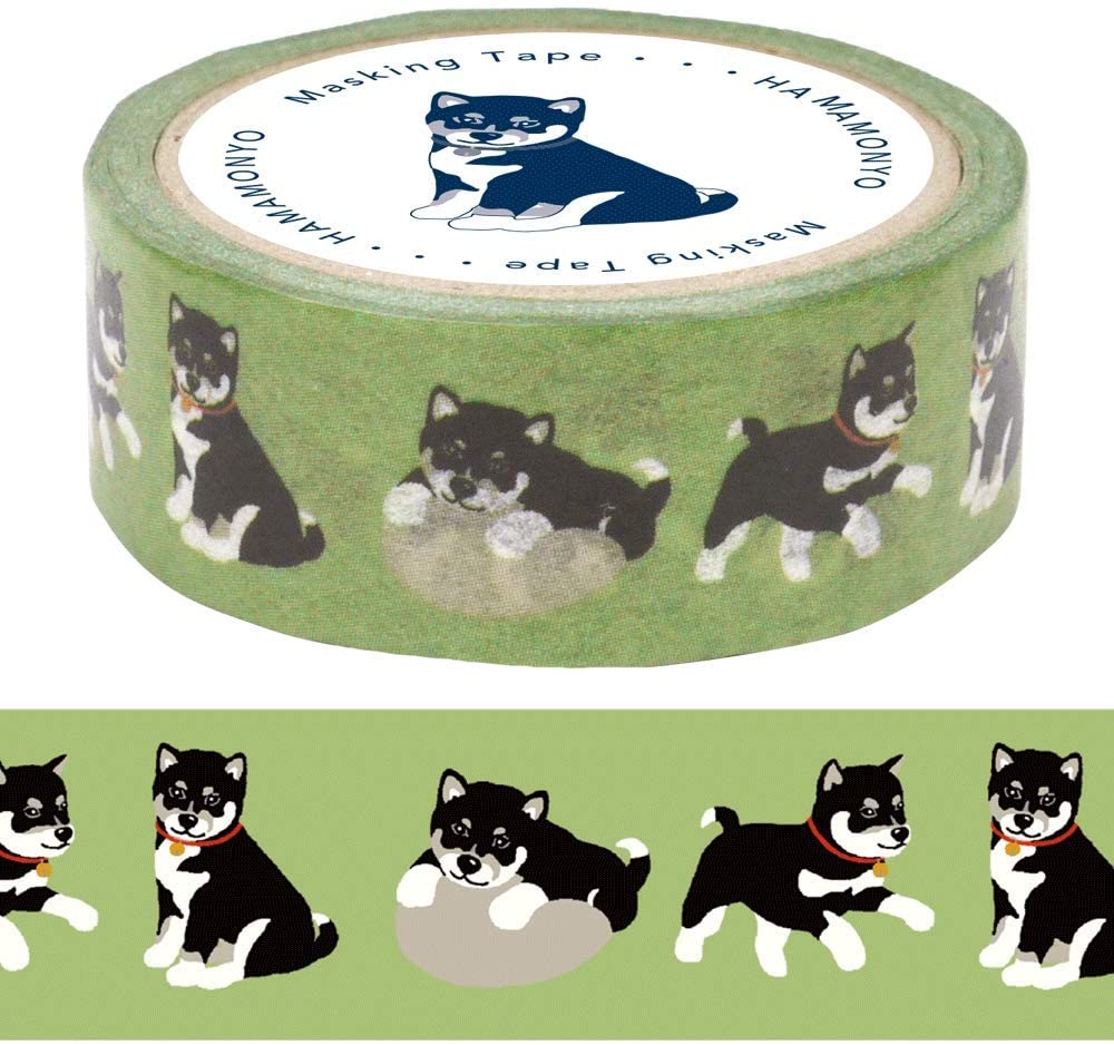 Washi Tape 15mm - Black Shiba Dog Green