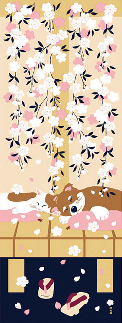 Tenugui Towel - Shiba Inu & Cat Cherry Blossom