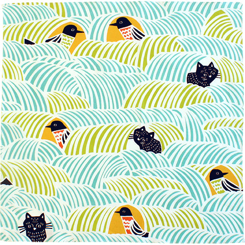 Furoshiki 18"- kata kata Black Cat Bird Green
