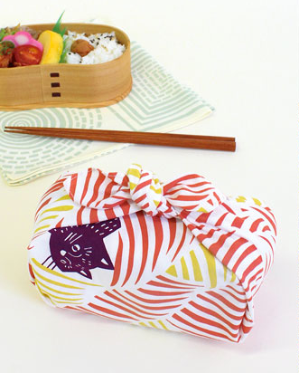Furoshiki 18"- kata kata Black Cat Bird Pink