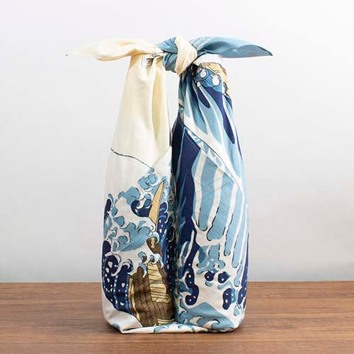 Furoshiki 41"- Ukiyoe The Great Wave Hokusai Katsushika Beige
